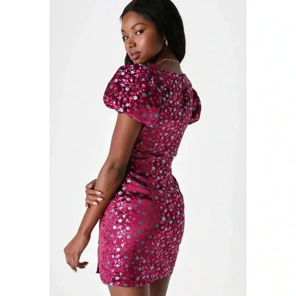 Lulus Always Decadent Magenta Floral Brocade Puff Sleeve Mini Dress Medium - Picture 3 of 12